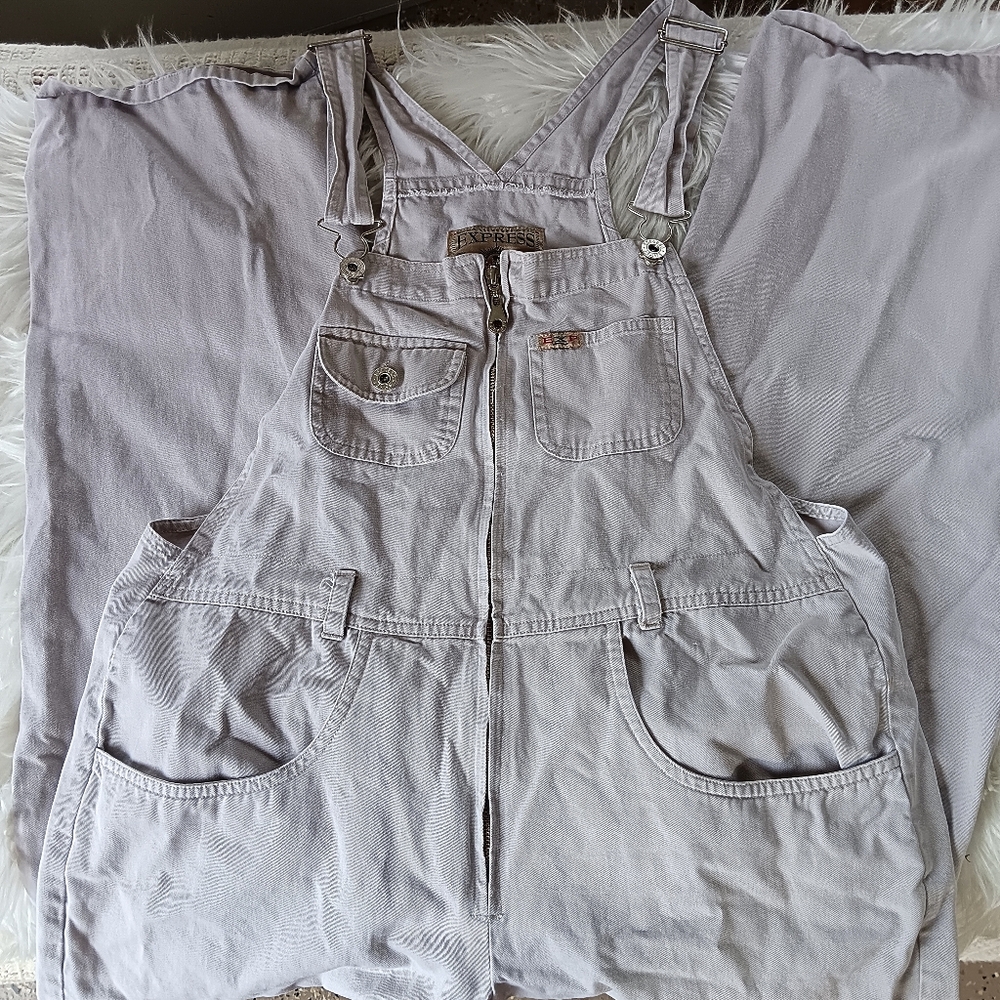 ↠ Vintage 90s Express Jeans Cotton Denim Straight Wide Leg Barn Chore Overalls - Picture 2 of 6